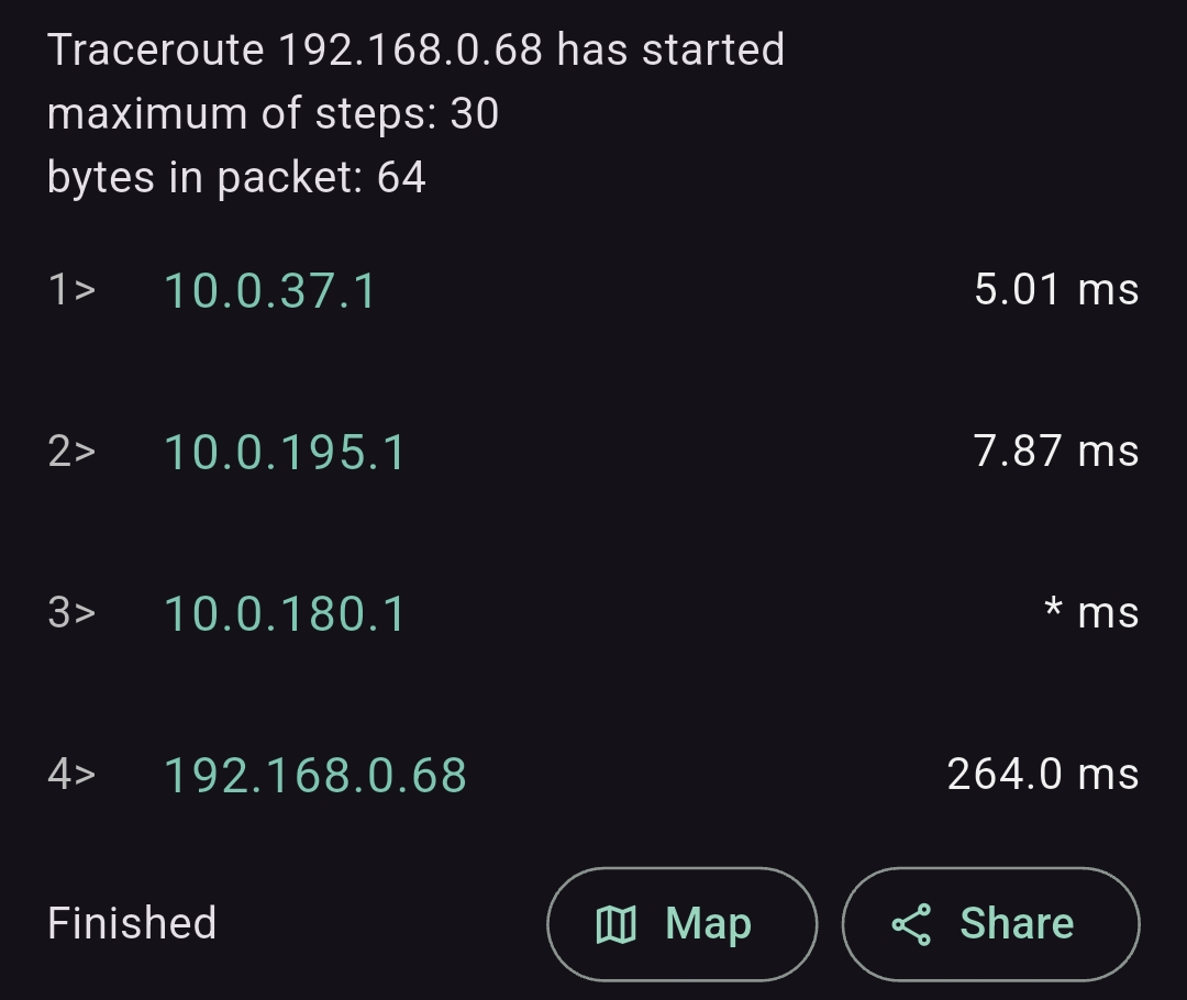 지점 A에서 지점 B(192.168.0.68)로 traceroute